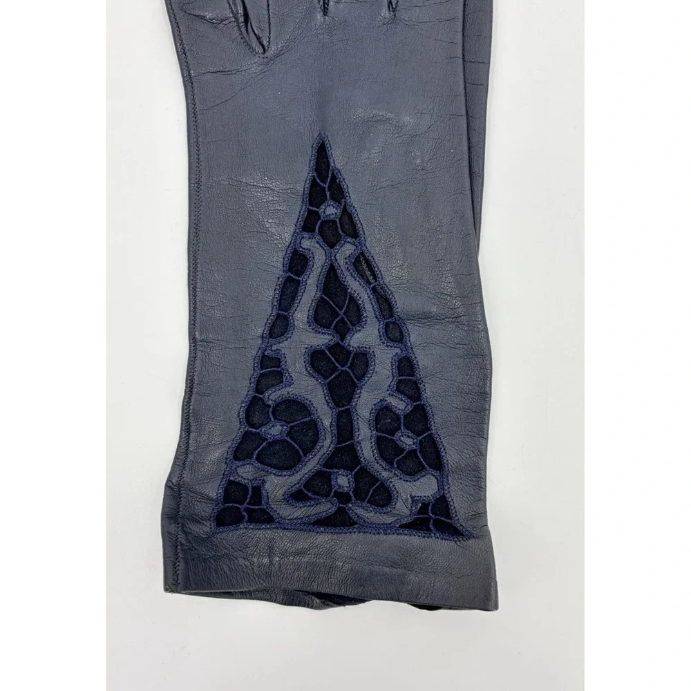 Vintage Navy Blue Leather Driving Gloves Lace Cut Outs